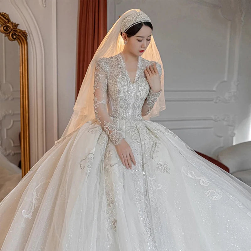 Robe de mariée de luxe française, blanche, col en v, dos nu, élégante, Sexy, longue, robe de bal, à paillettes, pour femmes