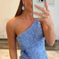 Blue Lace Embroidery Prom Dresses One Shoulder vestidos de noche Elegant Sleeveless Sexy Side Split Formal Evening