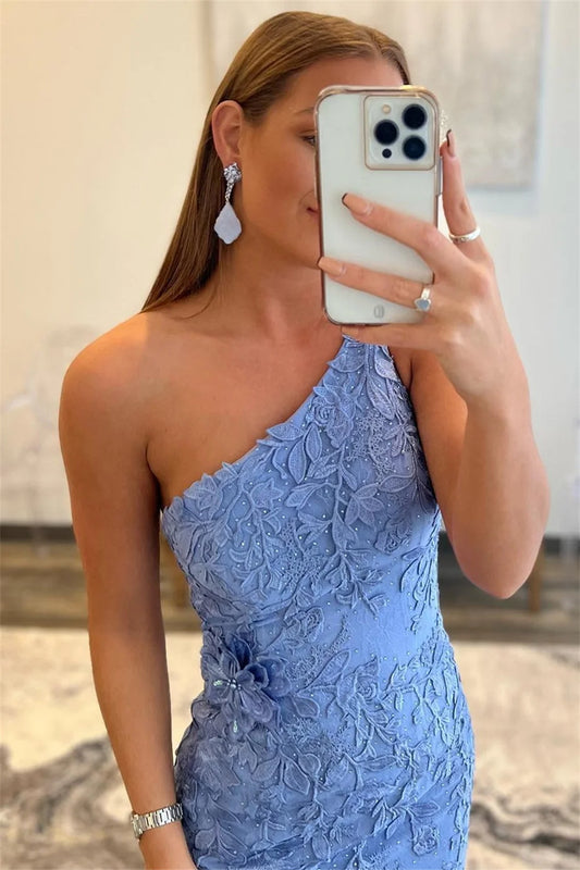 Blue Lace Embroidery Prom Dresses One Shoulder vestidos de noche Elegant Sleeveless Sexy Side Split Formal Evening