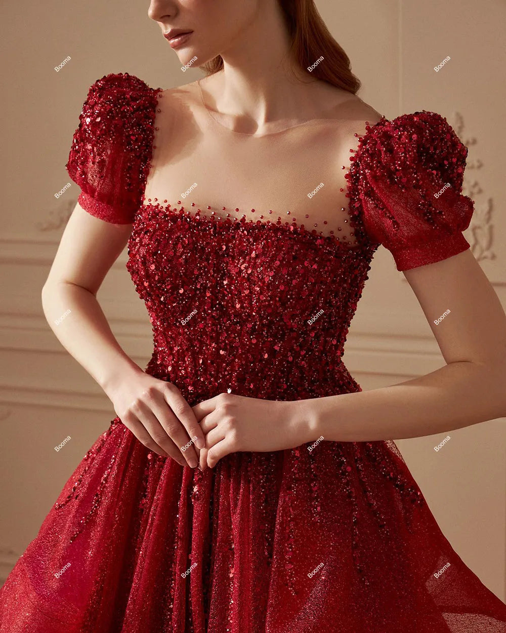 Red Glitter Wedding Dresses Square Collar Ruffles Prom Gowns Sequined Princess Bridals Evening Dress for Women with Train