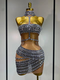 Sparkly Rhinestone Short Dress for Women Sexy Party Celebrate Birthday Dress Photo Shoot Performance Stage DJ Singing Costumes Silver