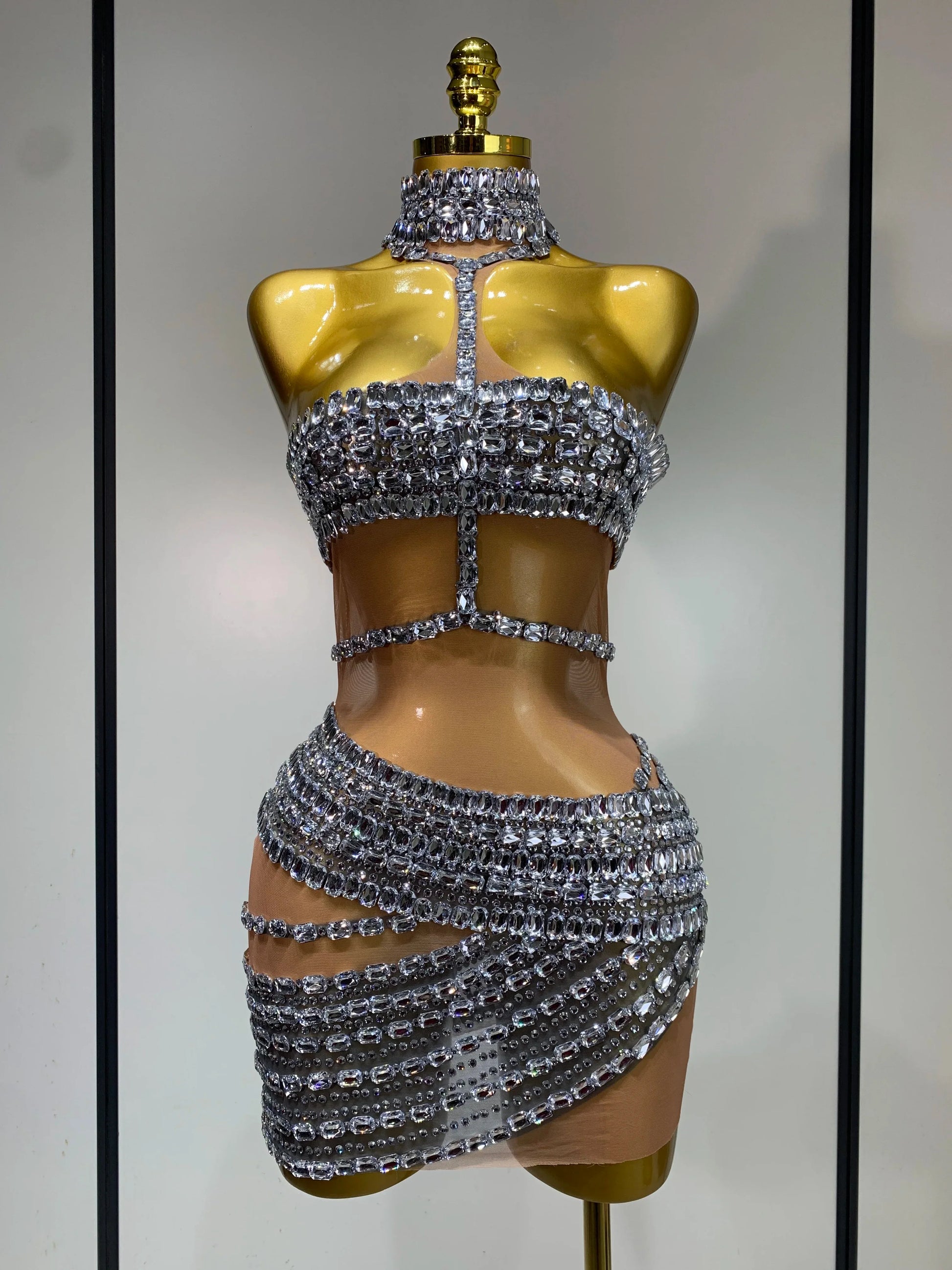 Sparkly Rhinestone Short Dress for Women Sexy Party Celebrate Birthday Dress Photo Shoot Performance Stage DJ Singing Costumes Silver