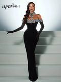 Sexy Women's Heavy Industry Diamond Adorned Velvet Dress with Hanging Neck Shoulder Bodycon Transparent Gaul Gloves+Dresses