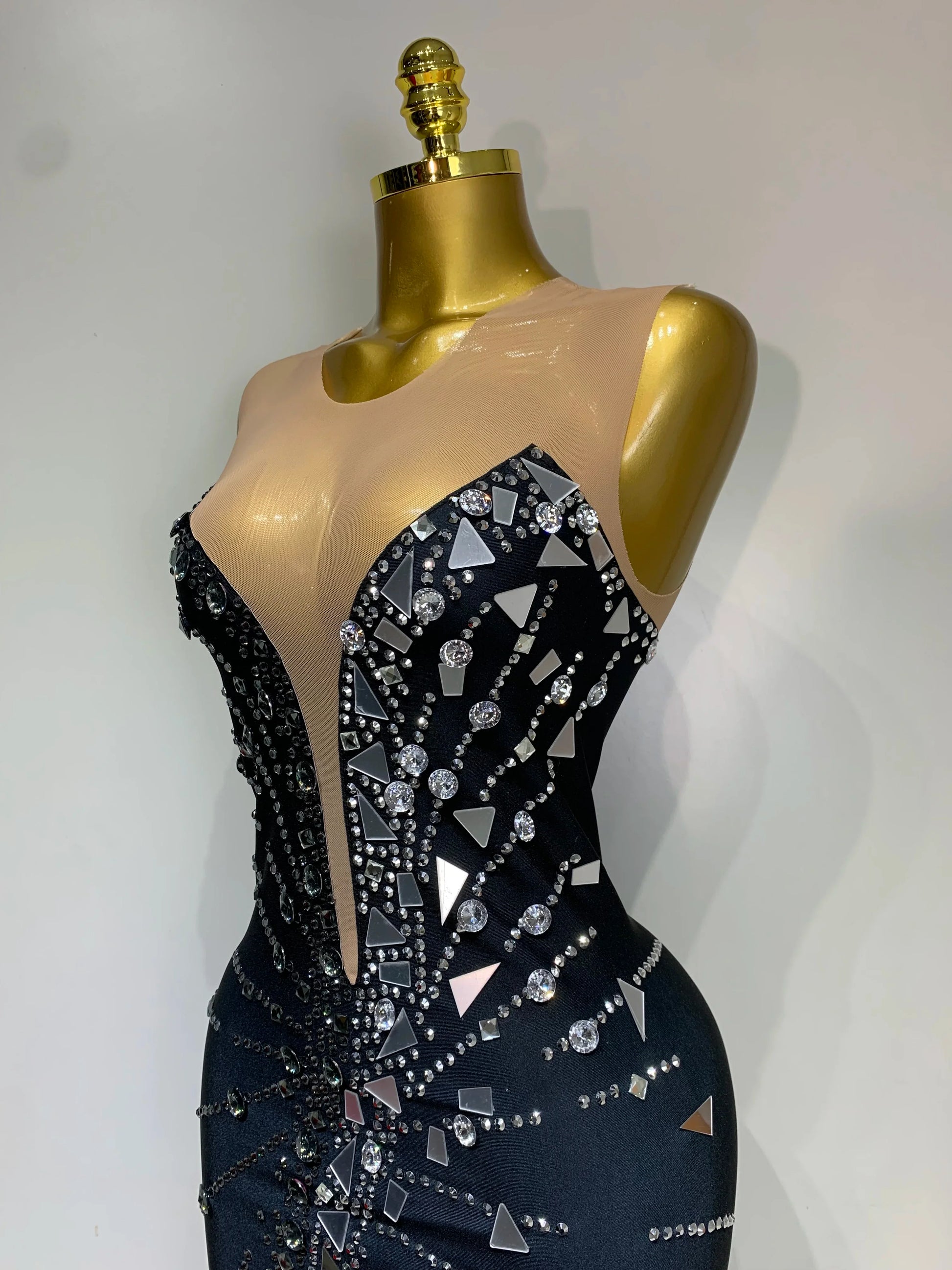 Black bowknot Lens Patchwork Dress Rhinestones Dress Women Party Long Dress Celebrate Evening Prom Dress Stage Festival Outfit