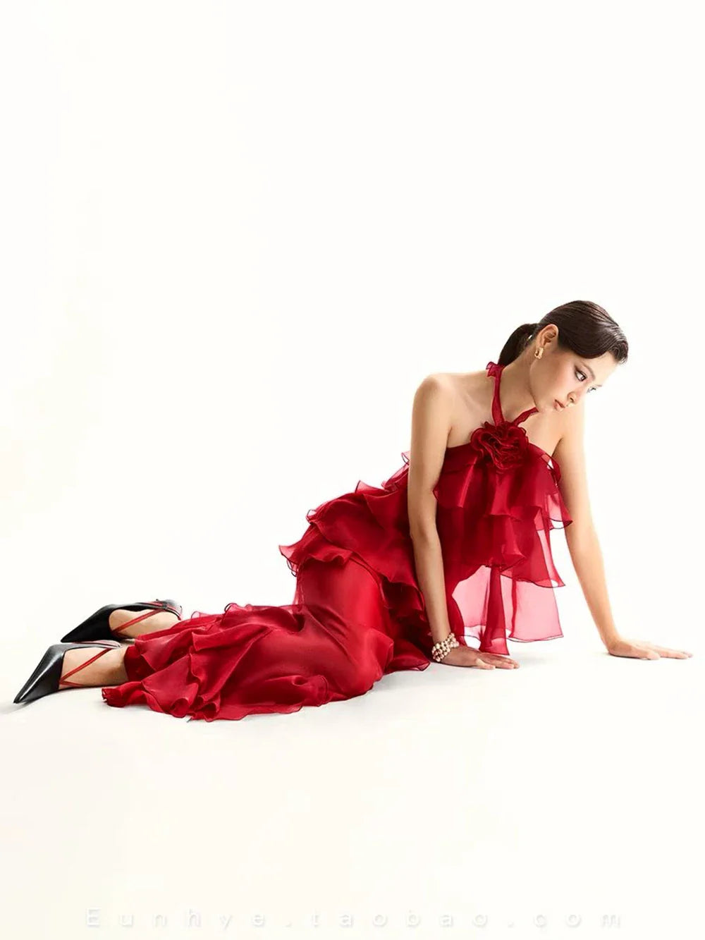 Women Gauze Perspective Irregular Elegant Long Party Dress Ruffles Sleeveless Fashion Tide Summer