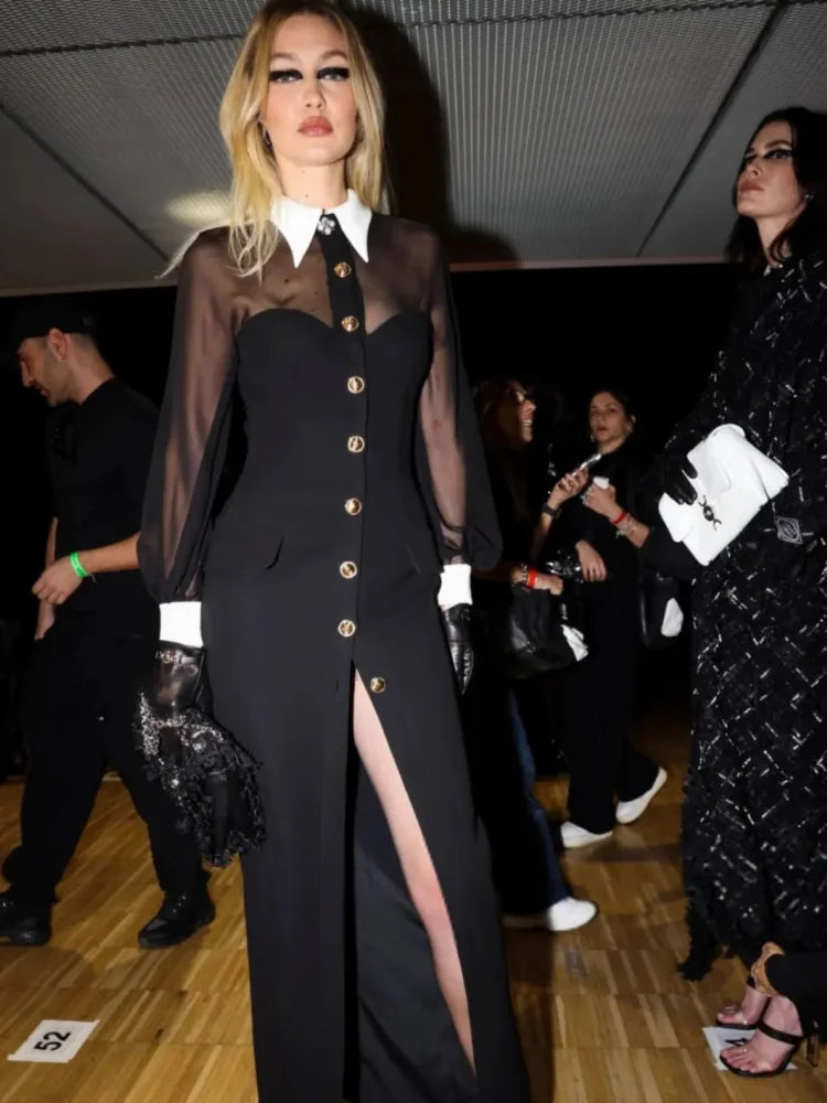 Golden Buttons White Collar Mesh Patchwork Bandage Long Dress Elegant Woman Evening Party Dress Fashion Party Outfit