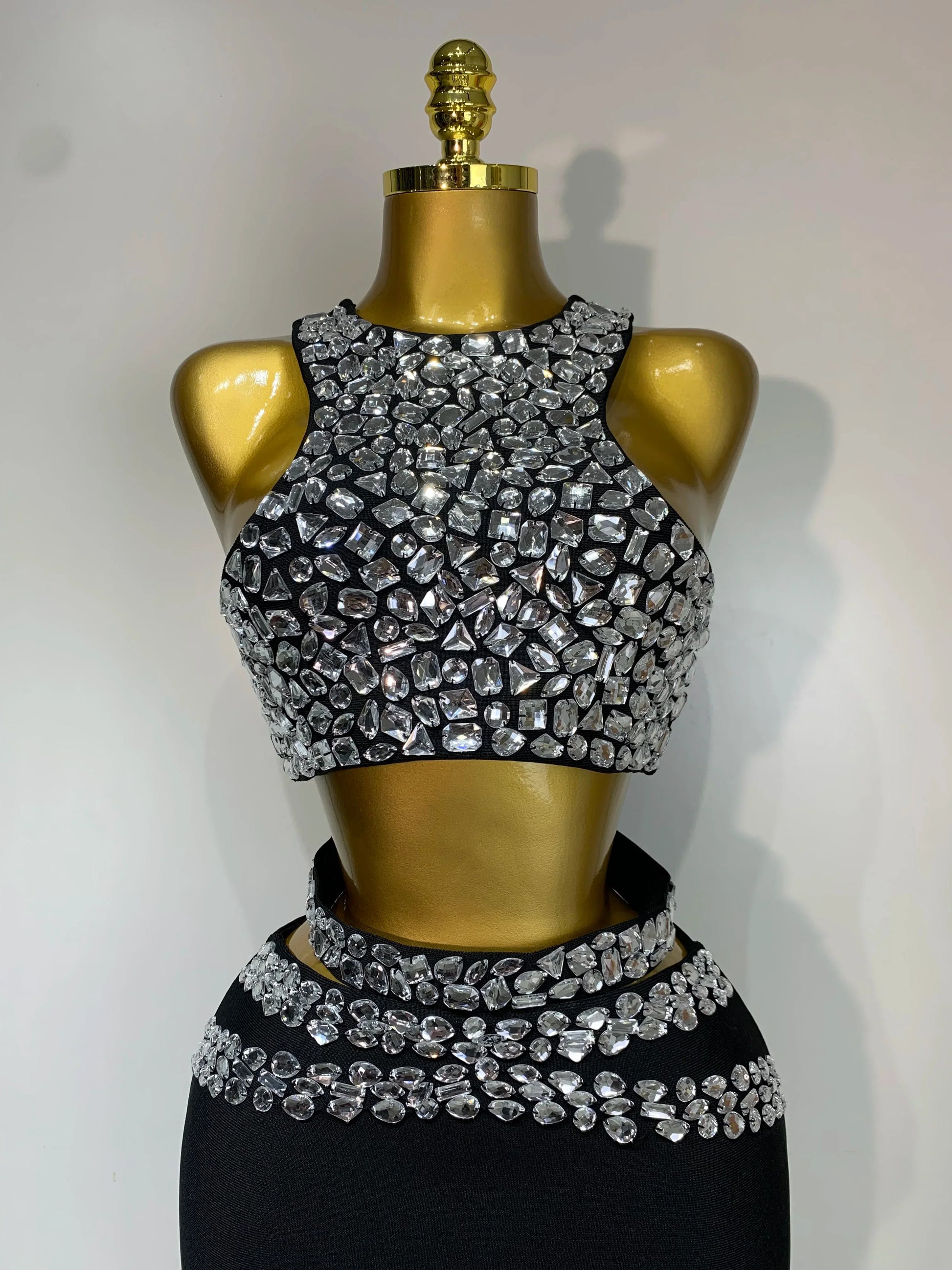 Sparkly Crystal Bodycon Long Bandage Dress Women Sexy Top Two Pieces Set Nightclub Elegant Party Birthday Stage Costume