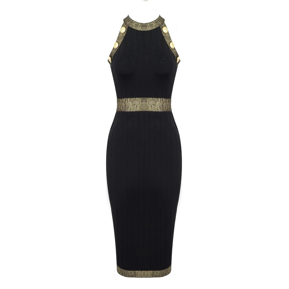 Celebrity Party Dresses For Women Chic Buttons Sleeveless Bandage Tight Elegant Midi Dress Fashion Streetwear black
