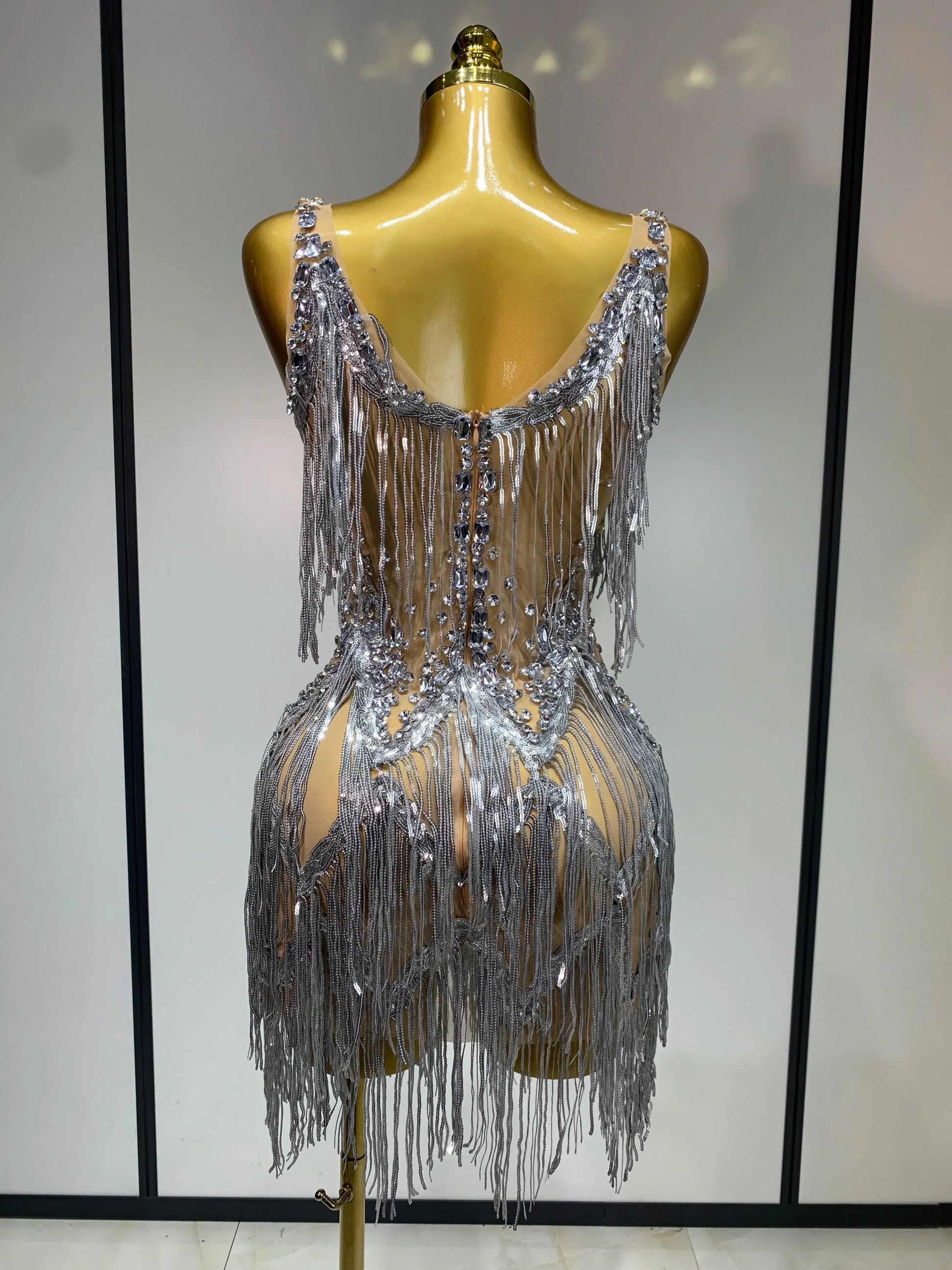 Sparkly Rhinestone Tassels Sexy Mesh See Through Dress Women Evening Party Luxury Birthday Nightclub Perform Stage Costume