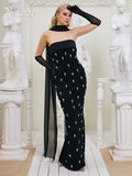 Vintage Elegant Black Strapless Sleeveless Crystal Dress for Galas Party Evening Gown