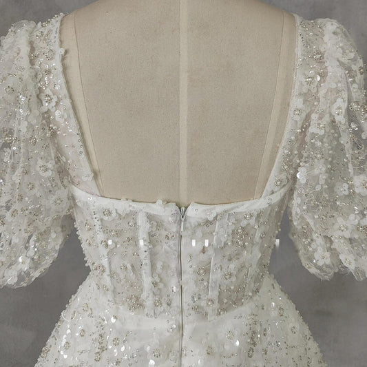 Mini robe de mariée en Tulle pour femmes, manches bouffantes, col carré, appliques, ligne a, fermeture éclair, dos court, au-dessus du genou, sur mesure