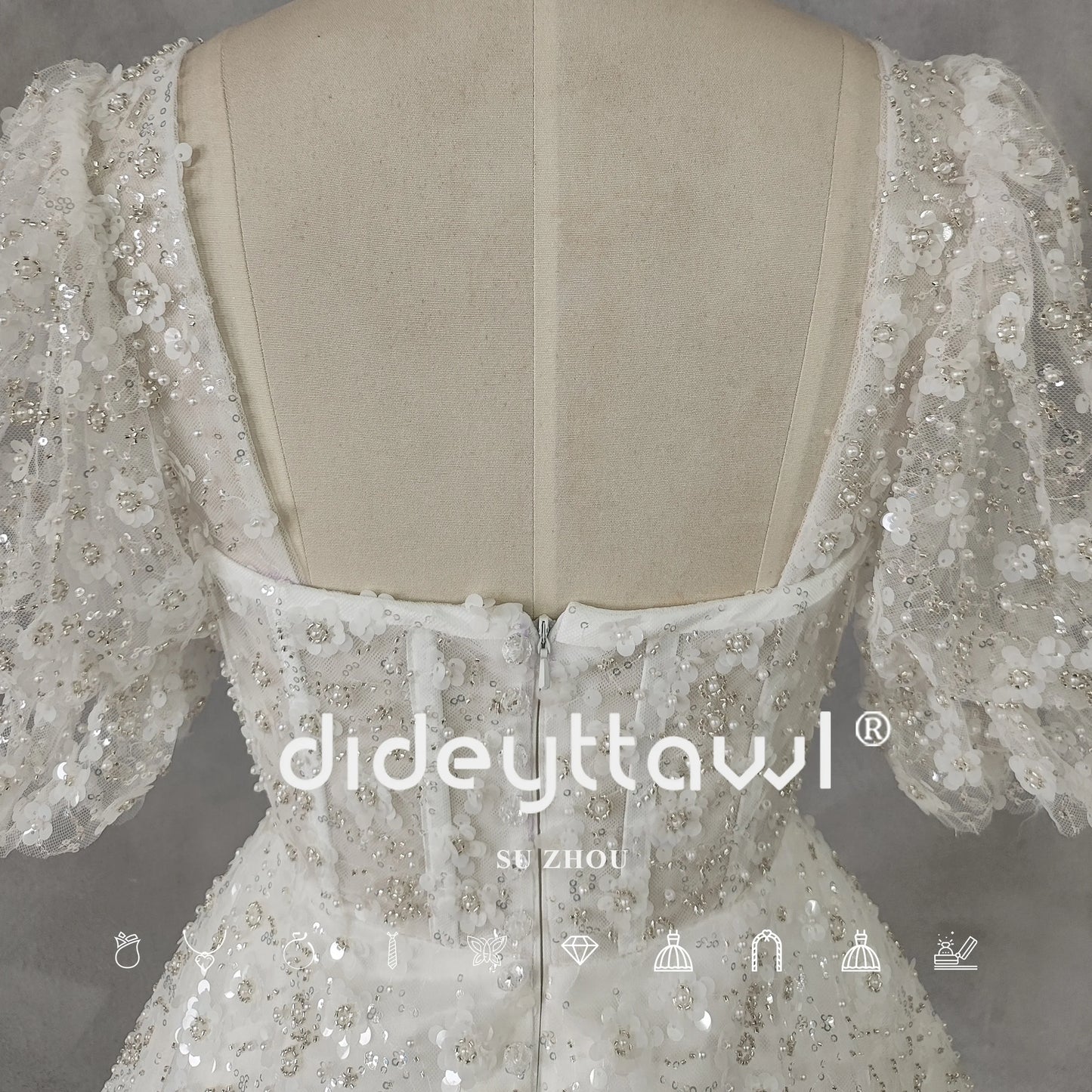 Puffärmel Square-Hals Applique Tulle Mini Hochzeitskleid für Frauen a-line Reißverschluss zurück kurz oberhalb des Knies Mitte Made gemacht