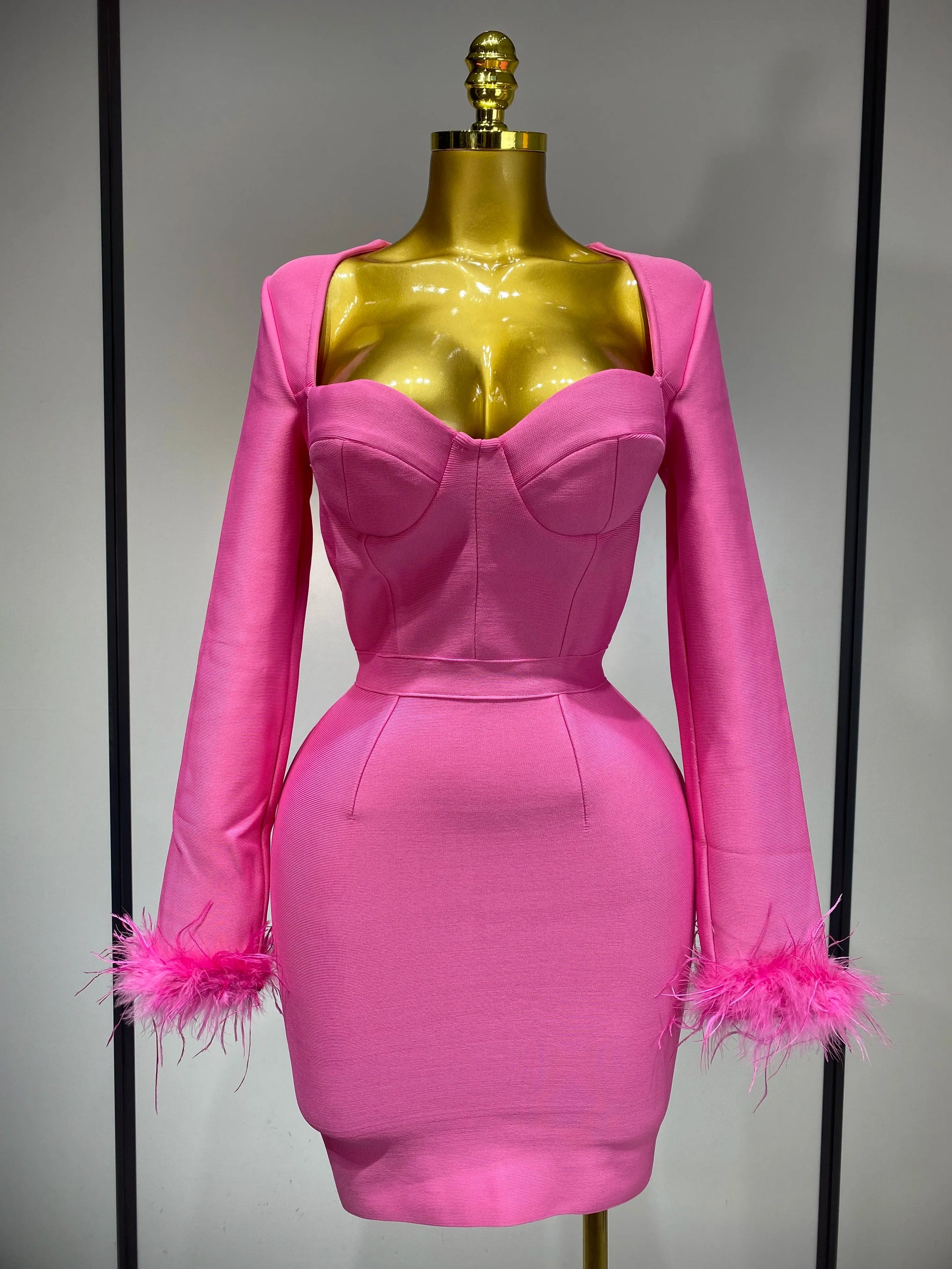 Women Fashion Sexy Long Sleeve Feathers Mini Bodycon Bandage Dress Elegant Evening Party Club Luxury Birthday Dresses Pink