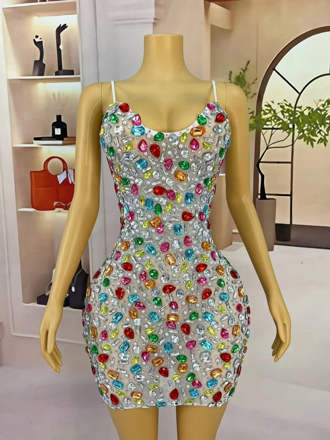 Multicolour Sparkly Rhinestone Sexy Strap Dress Women Nightclub Prom Skinny Dress Birthday Celebrate Prom Mini Dress Caixing