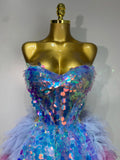 Sparkly Sequins Ruffles Two Pieces Set Sexy Backless Top Skirt Set Nightclub Performance Dance Dress Singer Stage Outfit