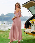 Pink Chiffon Bridesmaid Dresses Off the Shoulder Spaghetti-Strap A-Line Ruffles Side Split Wedding Party Dresses Customized