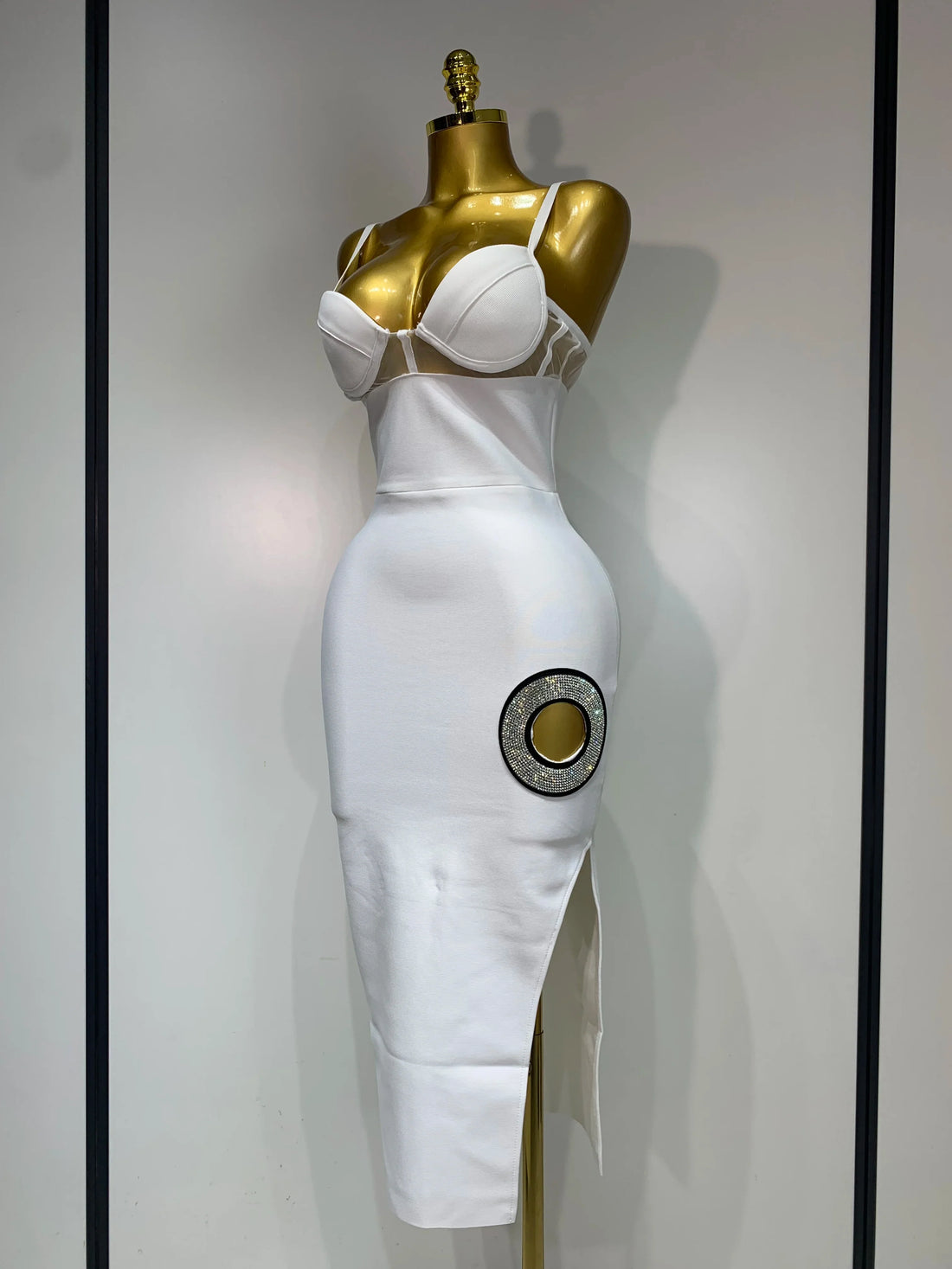 Fashion Sexy V Neck Backless Diamonds Split Women Bodycon Bandage Dress White Elegant Evening Club Party Birthday Dresses WHITE