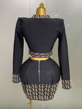 Trendy Black Long Sleeves Two Pieces Bandage Set Button Top Short Skirt Suit Evening Party Women's Outfit Nightclub Wear