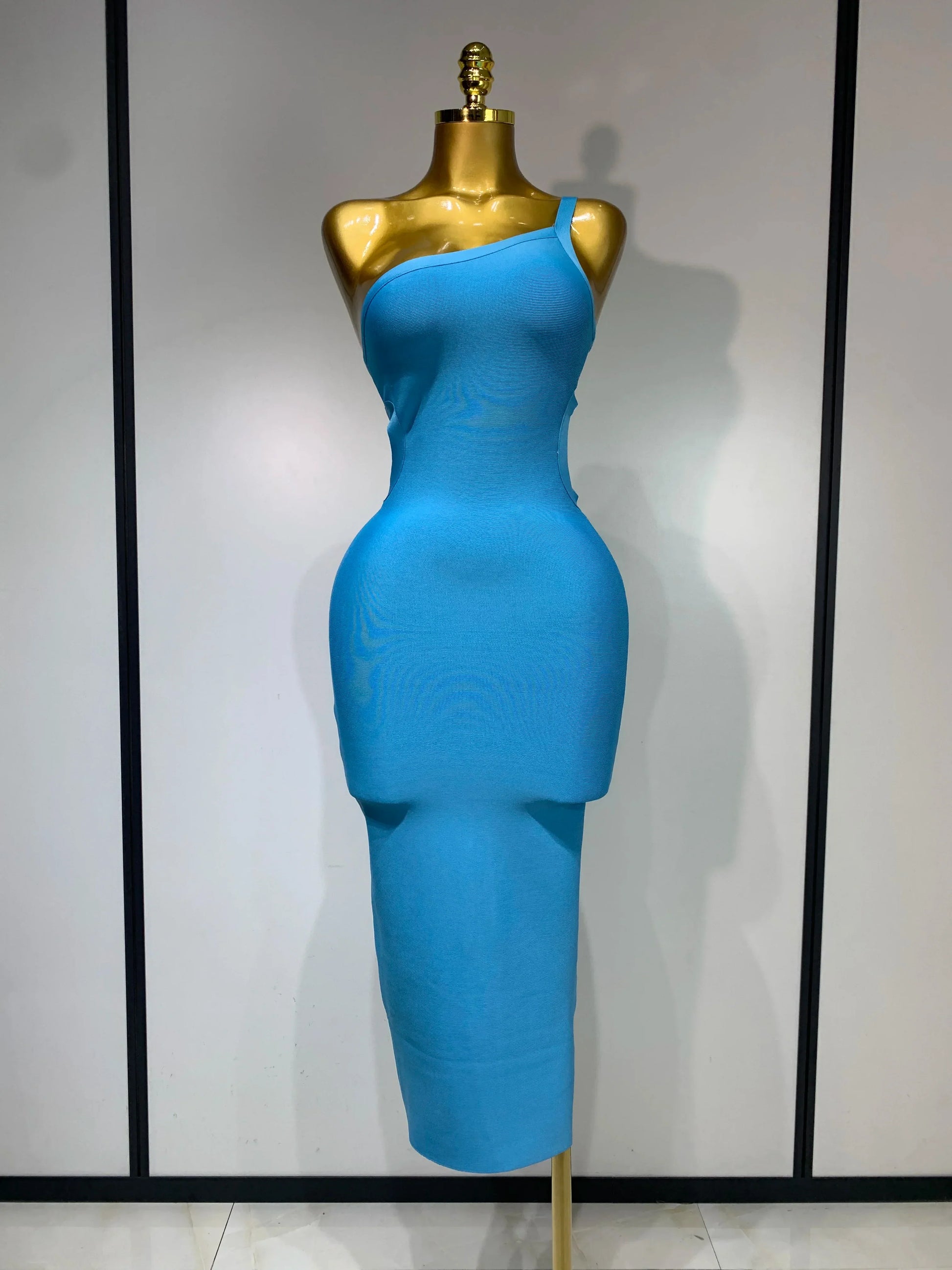 Luxury Birthday Dress Women Blue Bodycon Bandage Dress One Shoulder Sleeveless Backless Dress Cocktail Evening Party Vestidos Blue