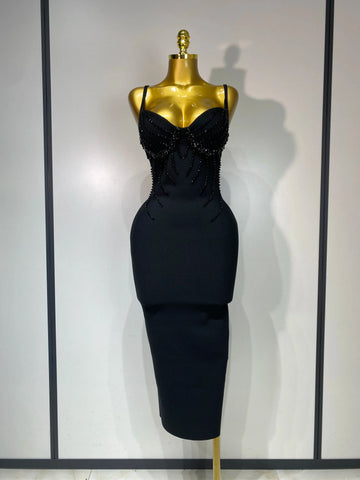 Women Sexy Beading Spaghetti Strap Bodycon Bandage Dress Club Party Luxury Birthday Celebrity Elegant Dresses Wedding Guest Gown black