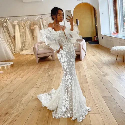 Sweetheart Floral Lace Mermaid Wedding Dresses Tiered Detachable Sleeves Fitted Bridal Gowns Trumpet Bride Dresses Ivory