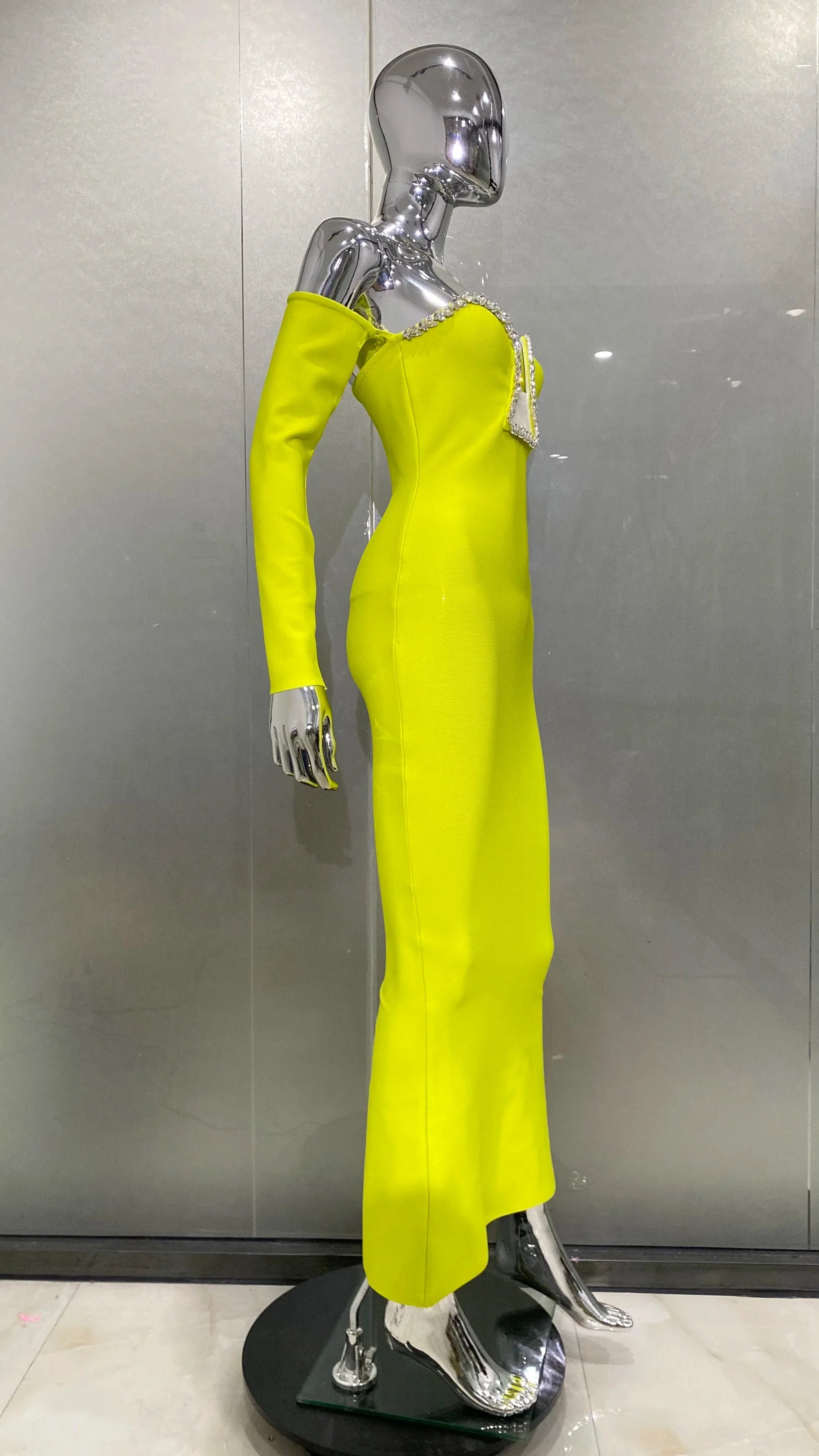 Winter Yellow Green Shining Diamonds Sexy V-Neck off The Shoulder Mermaid Long Dress Fashion Woman Evening Party Vestido