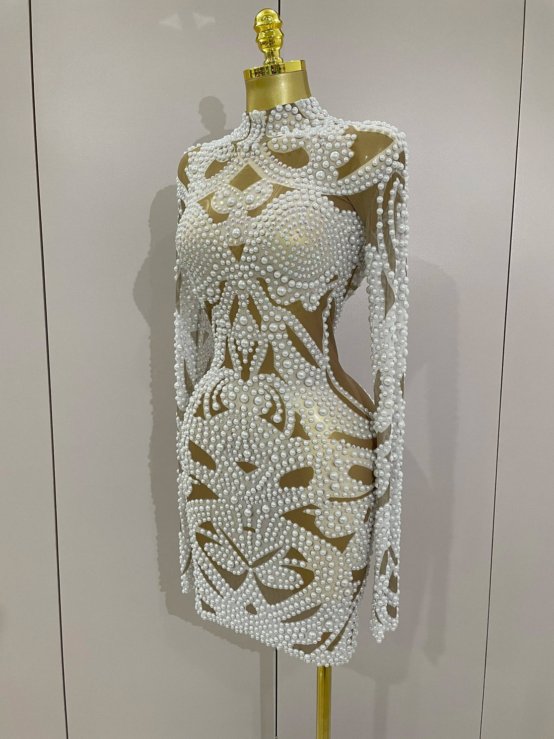 High-end Elegant Evening Gown AB Rhinestones Pearls Luxury Long Sleeves Mesh Dress Women Cocktail party Wedding Costume WHITE