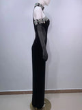 Sexy Women's Heavy Industry Diamond Adorned Velvet Dress with Hanging Neck Shoulder Bodycon Transparent Gaul Gloves+Dresses
