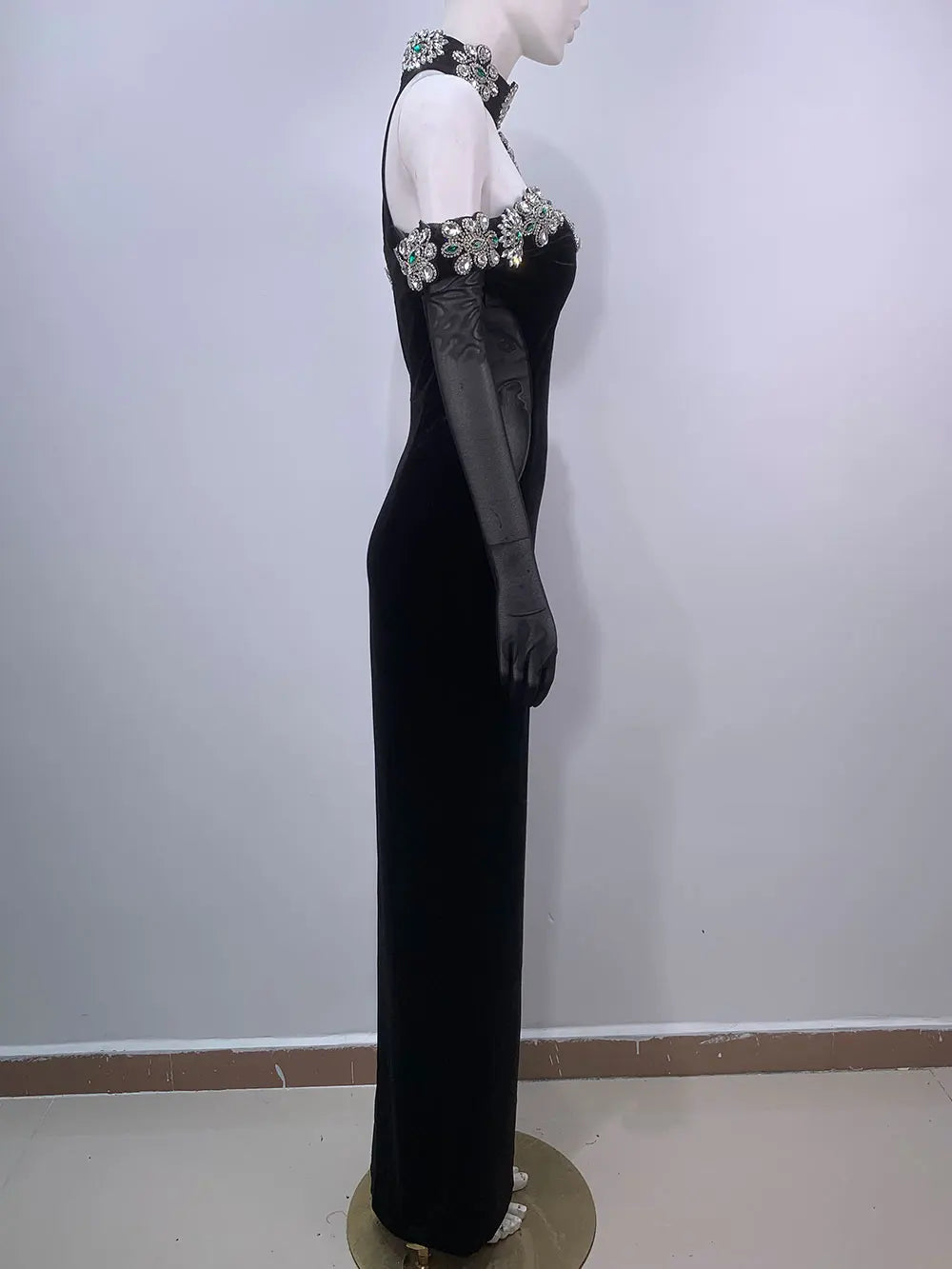 Sexy Women's Heavy Industry Diamond Adorned Velvet Dress with Hanging Neck Shoulder Bodycon Transparent Gaul Gloves+Dresses