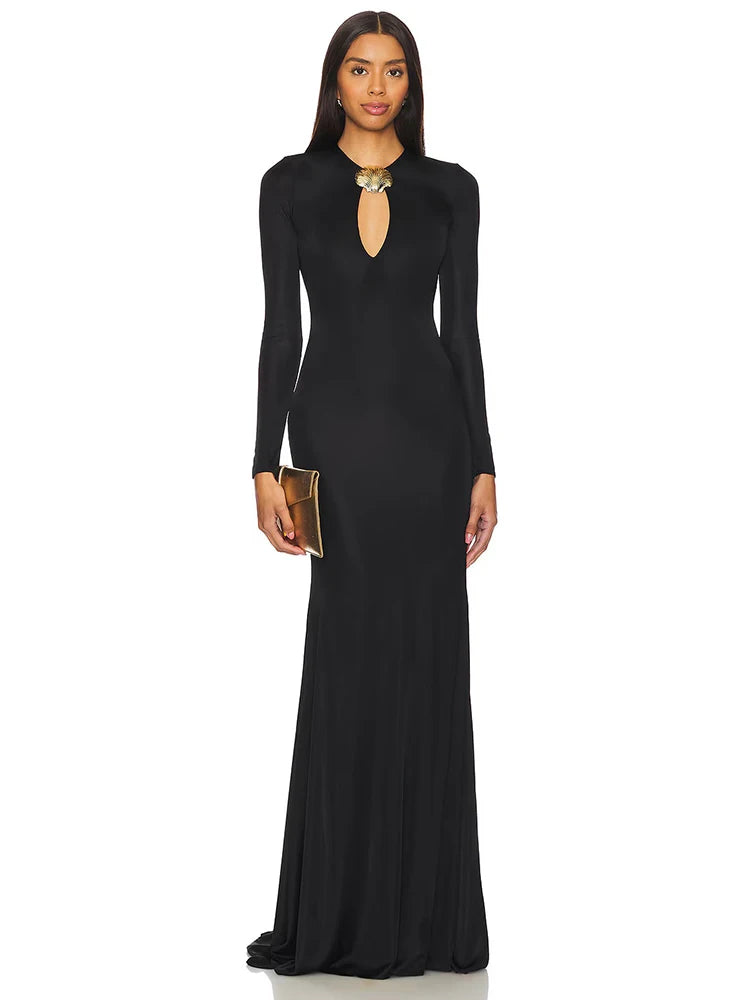 Sophisticated Long Sleeved Black Maxi Dress with Cut-Out and Open Back for Gala Affairs Evening Gown