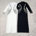 Sexy Women's Heavy Industry Beaded Bandage Dress Bodycon Stand Collar Long Sleeve Midi Dress Cocktail Evening Party Vestido