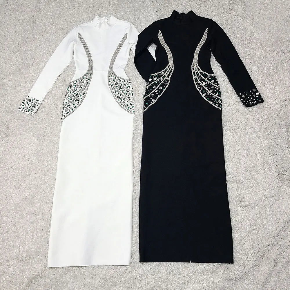 Sexy Women's Heavy Industry Beaded Bandage Dress Bodycon Stand Collar Long Sleeve Midi Dress Cocktail Evening Party Vestido
