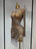Luxury Rhinestone Tight Short Dress Women Long Sleeve Evening Party Prom Gown Birthdy Nightclub Performance Costume Stage Outfit