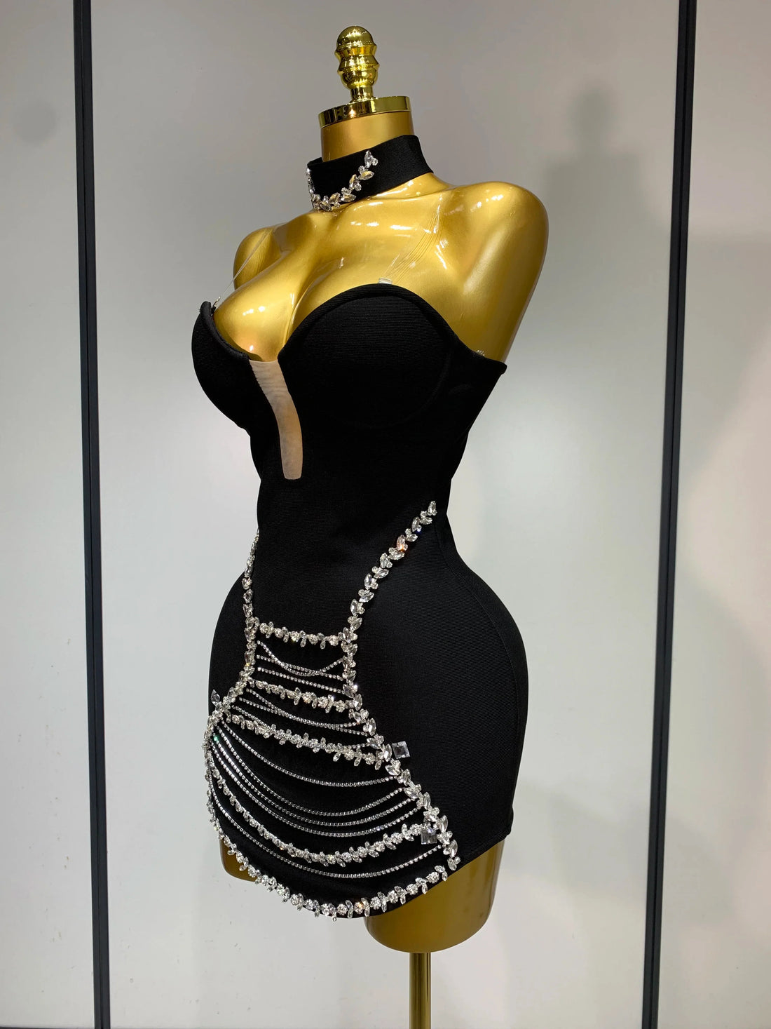 Sparkly Rhinestones Chain Bodycon Strapless Mini Bandage Dress Women Backless Luxury Birthday Evening Party Club Dresses black