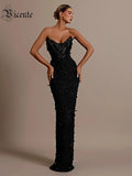 Stunning Strapless Sleeveless Black Crystal Sequin Dress Luxury Party Evening Gown
