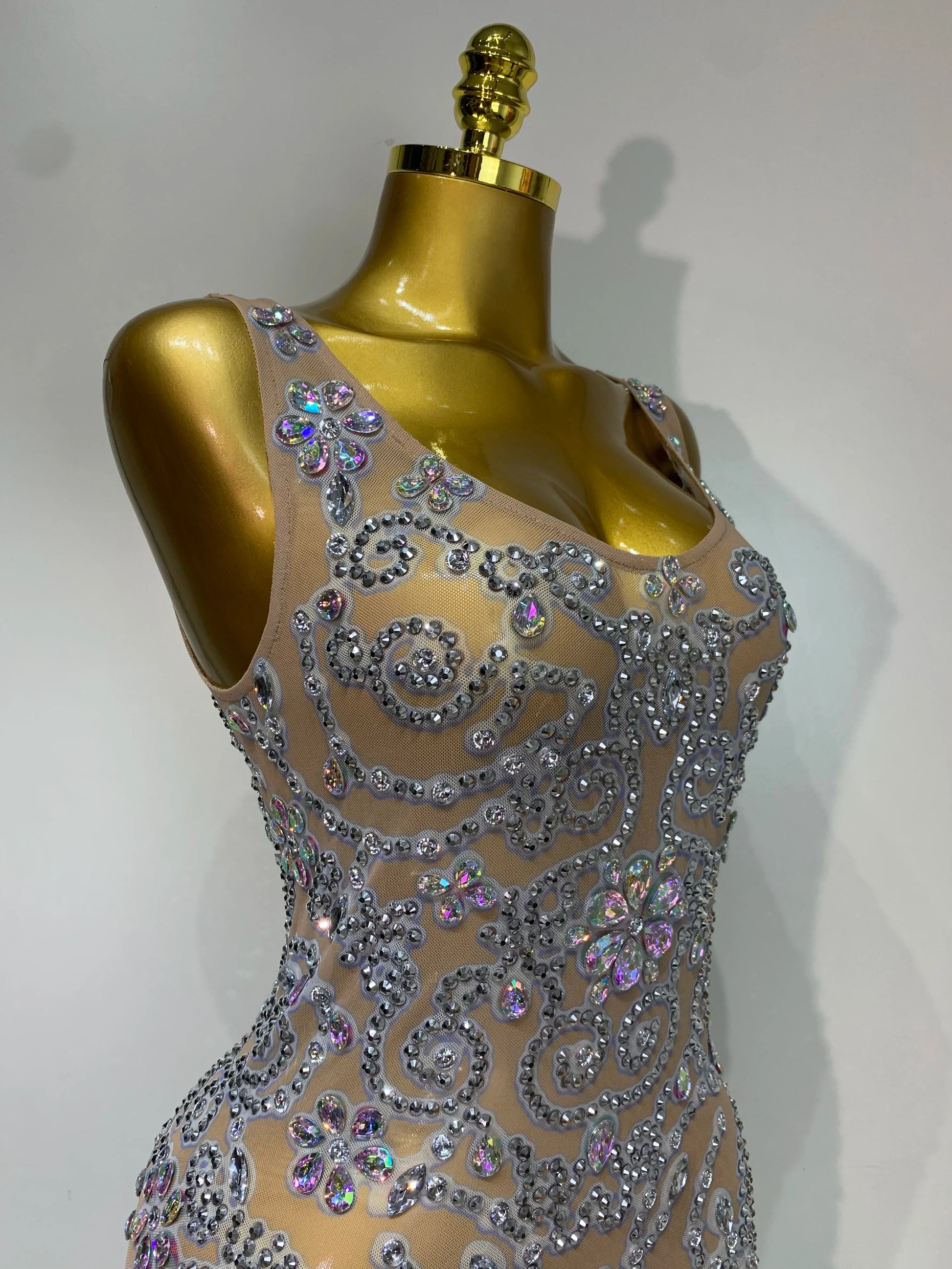 Celebrity Elegant Party Sparkly Rhinestones Transparent Mesh Short Dress Luxury Birthday Nightclub Outfit Perform Stage Costume