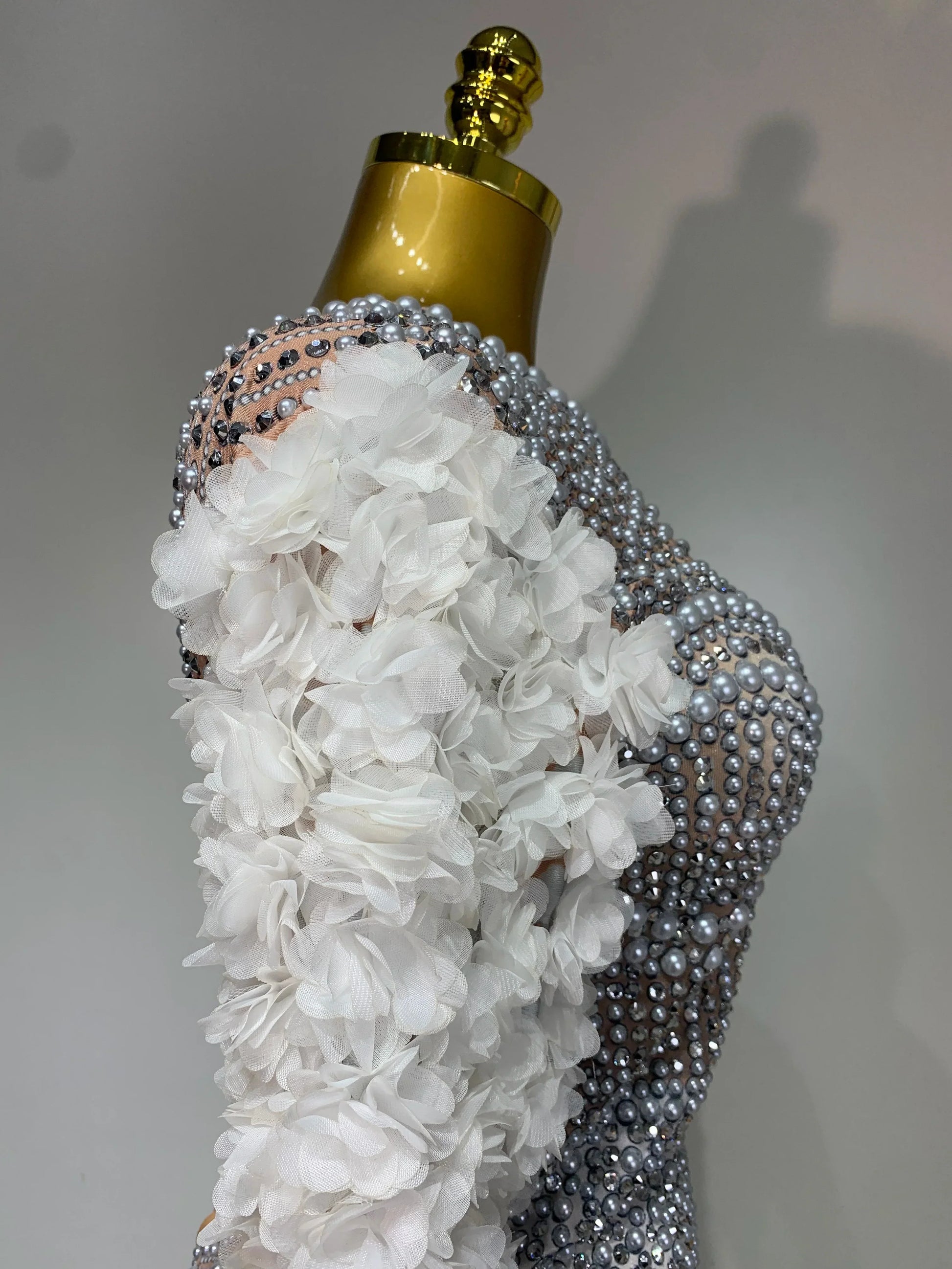 Sparkly Luxury Sheath Bodysuit Women Sexy Pearls Rhinestone Flowers Stage Singer Outfit Nightclub Performance Dance Costume