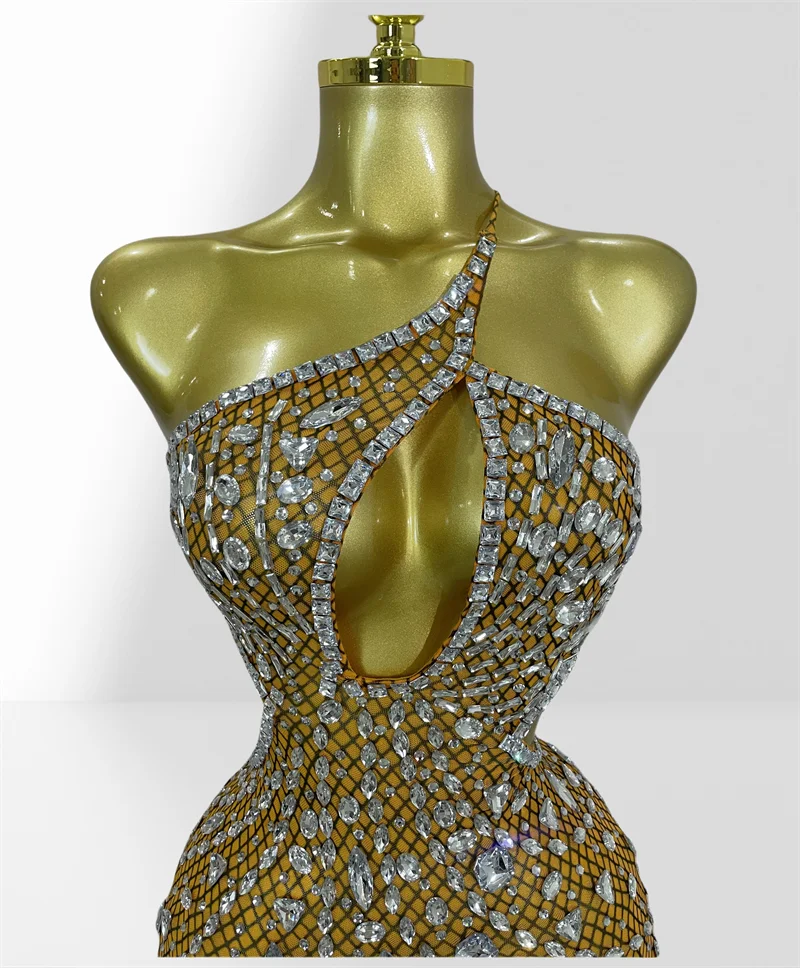 Sparkling Diamonds Sexy Hollow Out Blackless Mesh See Through Mini Dress Fashion Woman Evening Party Dress Birthday Party Outfit