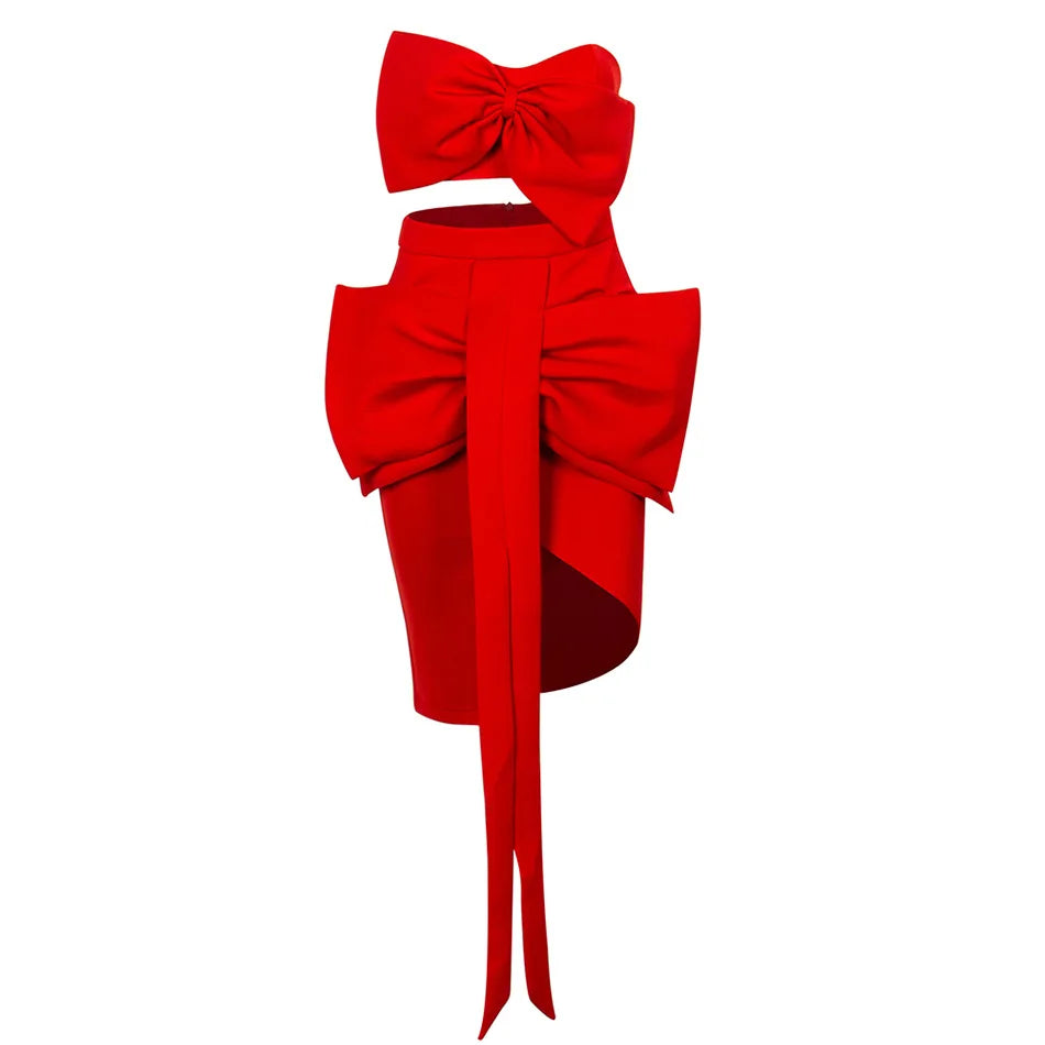 Sweet Bow Expose Wasit Woman Set Short Top And Bodycon Skirt 2 pieces Celebrate Birthday Party Vestido Summer Holiday Outfit Red