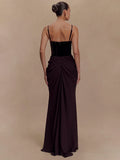 Chic Sleeveless Maxi Dress with Velvet Bodice and Chiffon Drape for Upscale Receptions Evening Gown