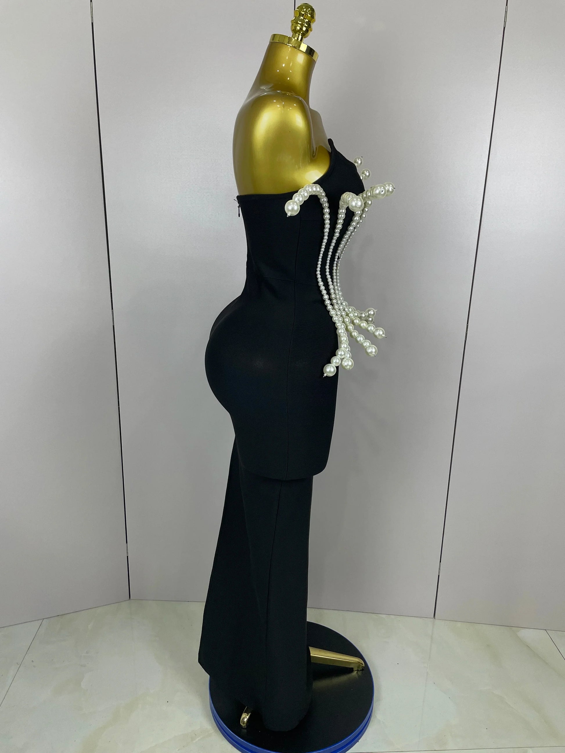 Sexy Strapless Pearl Beading Bodycon Long Bandage Dress Women Fashion Elegant Evening Party Luxury Birthday Dresses