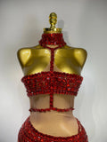 Sparkly Red Rhinestone Mini Dress Womer Sexy Mesh Birthday Wedding Party Prom Gowns Drag Queen Costume Singer Stage Outfit