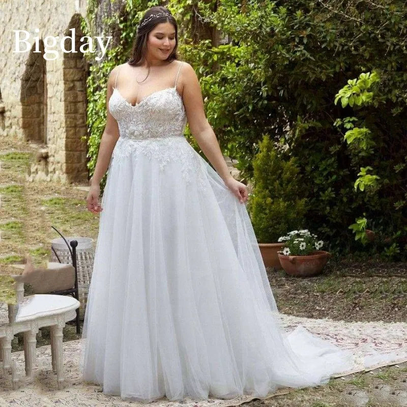 Gaun Perkahwinan Saiz Plus A-Line Elegant Wanita Terbuka Renda Putih Kekasih Tulle Gaun Pengantin Sweep Train Vestidos de Novia