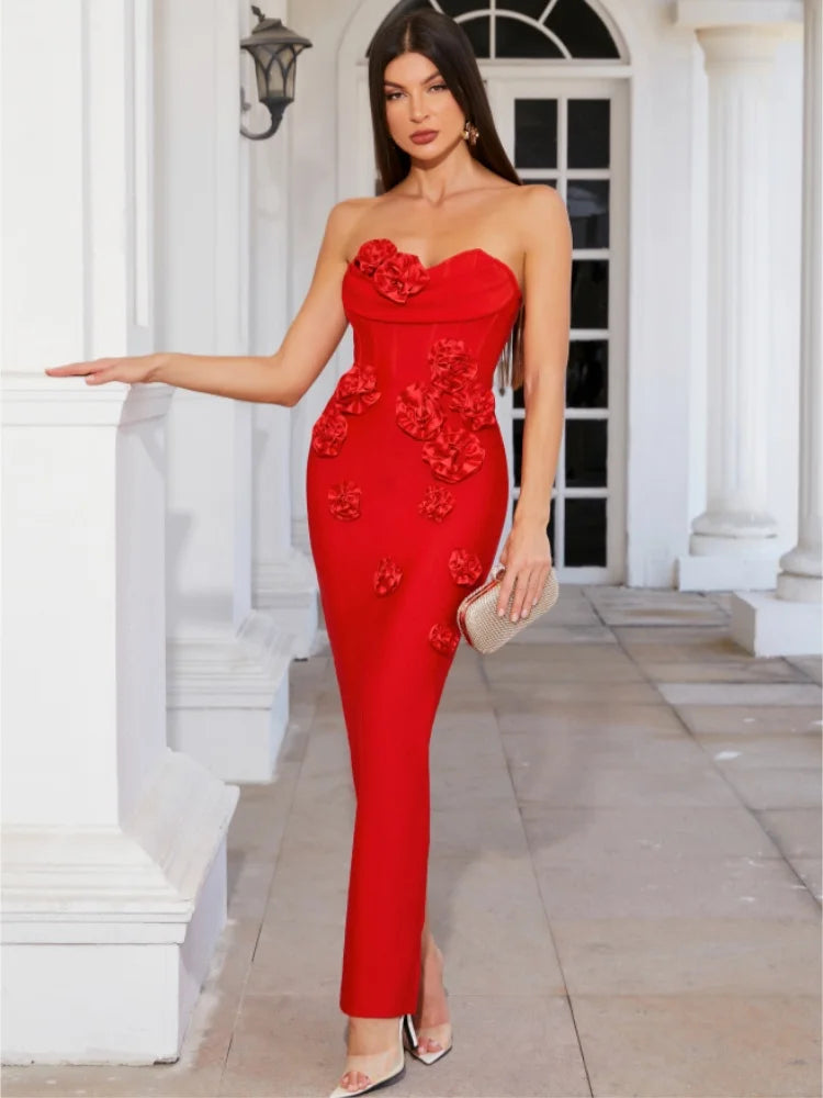 Pink Red Color Women Sexy Strapless Florals Bodycon Long Bandage Dress Evening Party Celebrate Birthday Outfit Vestido Red
