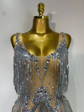 Sparkly Rhinestone Tassels Sexy Mesh See Through Dress Women Evening Party Luxury Birthday Nightclub Perform Stage Costume