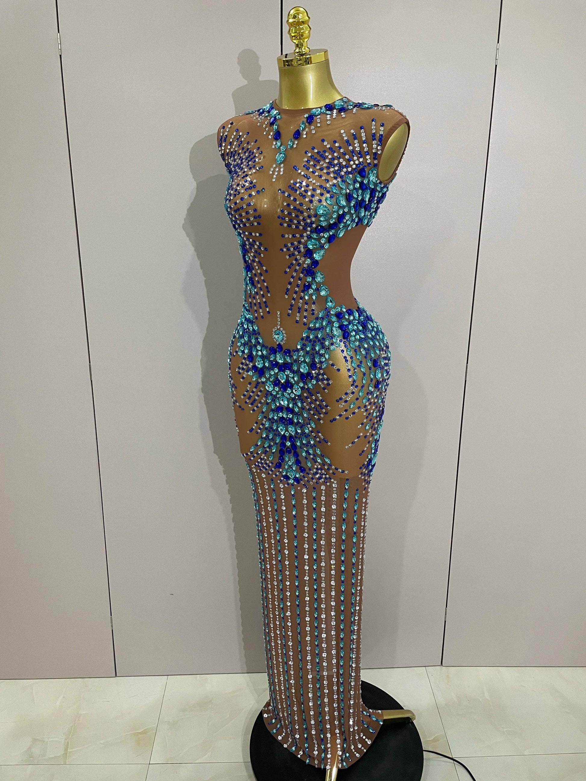Luxury Sparkly Rhinestones Nude Sexy Mesh Maxi Dress Women Evening Bir