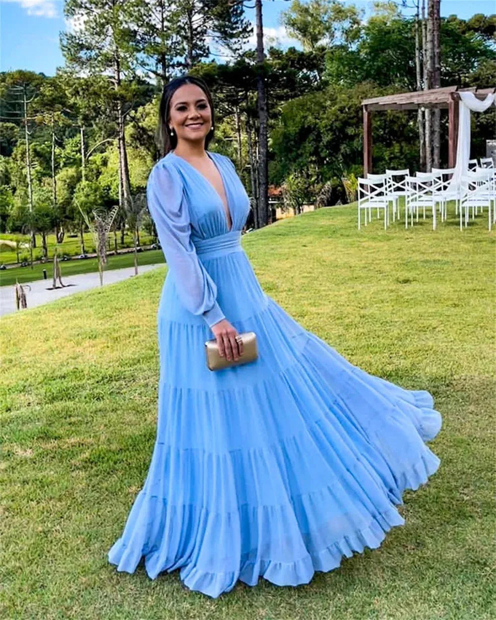 V-neck Vestidos De Fiesta Elegantes Para Mujer Long Sleeve A-line Prom Dresses Floor Lenght Vestidos De Noche Blue