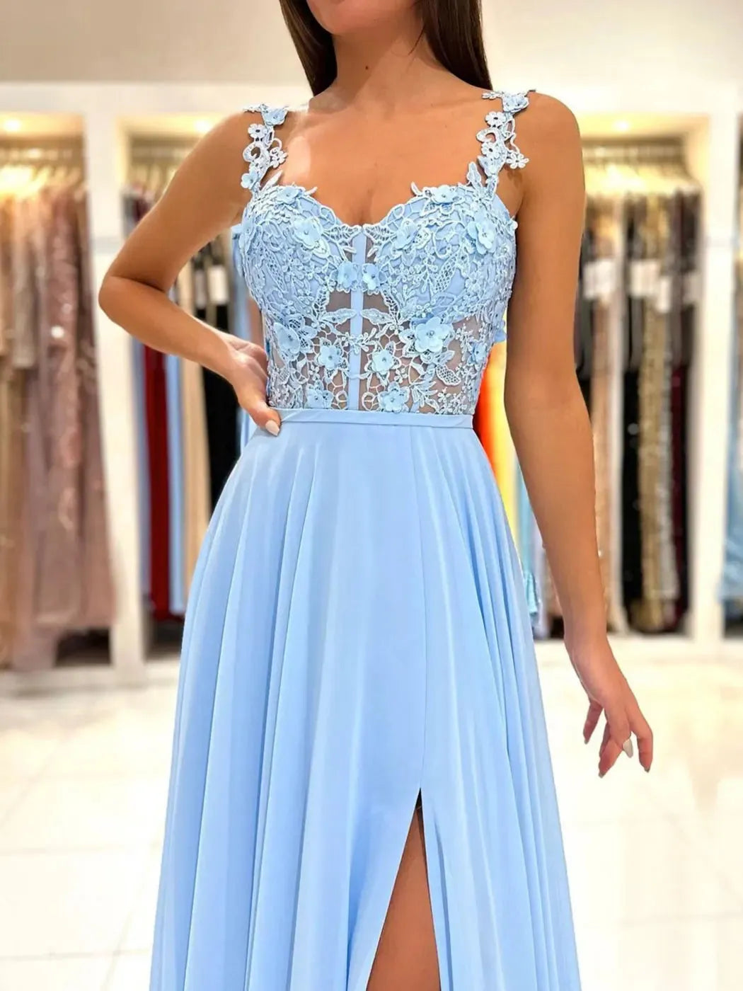 Blue Evening Dress A-Line Chiffon Long Prom Dress Lace Appliques Sweetheart Illusion See-Through Formal Party Gowns Sky blue