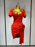 Women Sexy Short Sleeve Square Collar Bodycon Mini Bandage Dress Celebrity Red Carpet Dress Flower Luxury Birthday Outfit Red