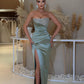 Beaded Prom Dresses Strapless High Slit Removable Skirt Mermaid Green Formal Party Women Pleats Elastic Satin Long Evening Gowns